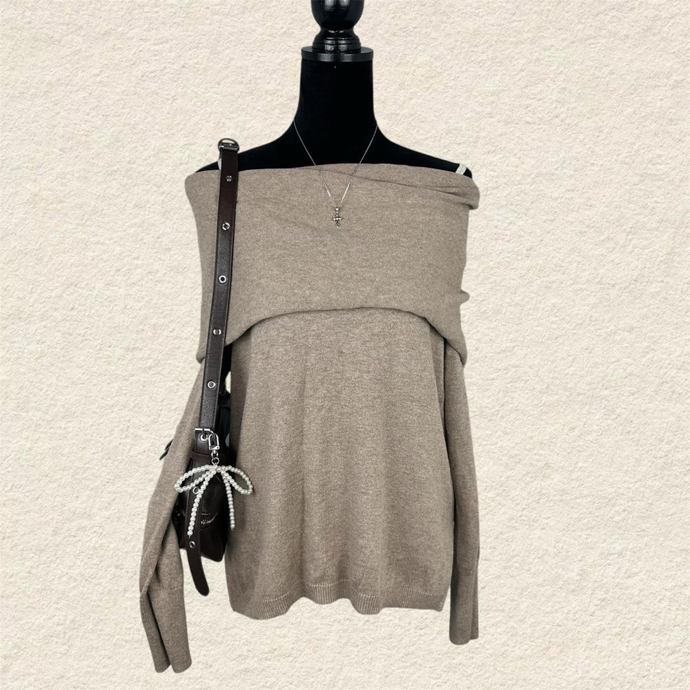 Shrinking Violet Off-Shoulder Tan Brown Sweater